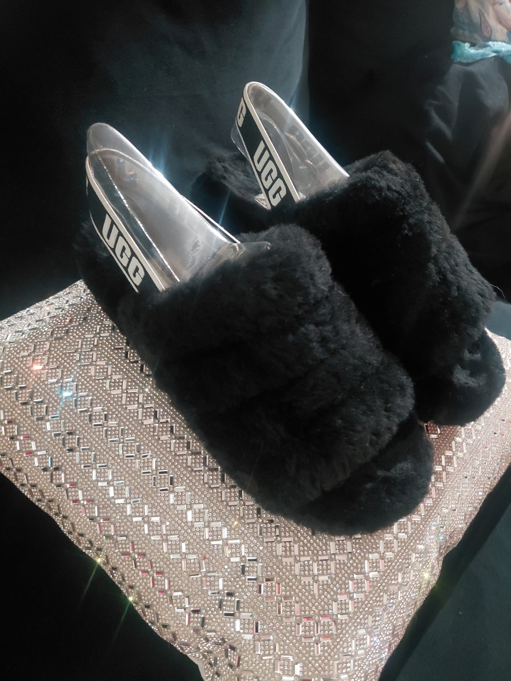 UGG Black Fuzzy Slide Slingback Sandals